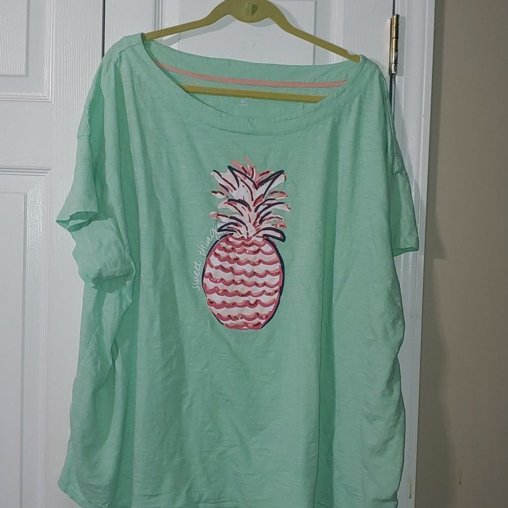 Kim Rogers Curvy mint green tshirt with pink pineapple  Sz 3X
